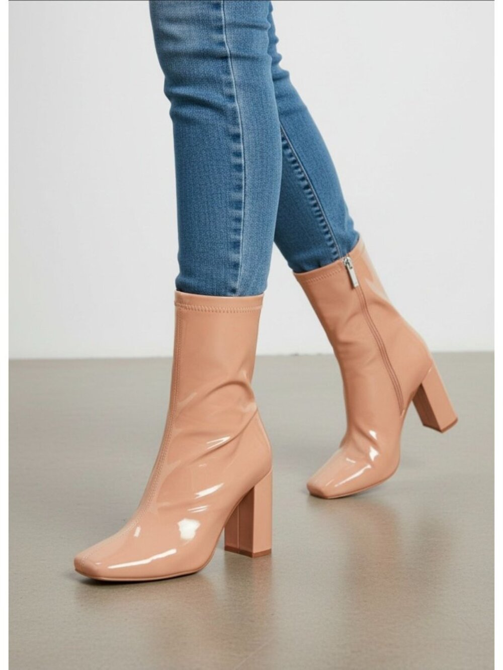 Patent Leather Nude Ankle Boots With Block Heels & Side Zipper Closure Womens